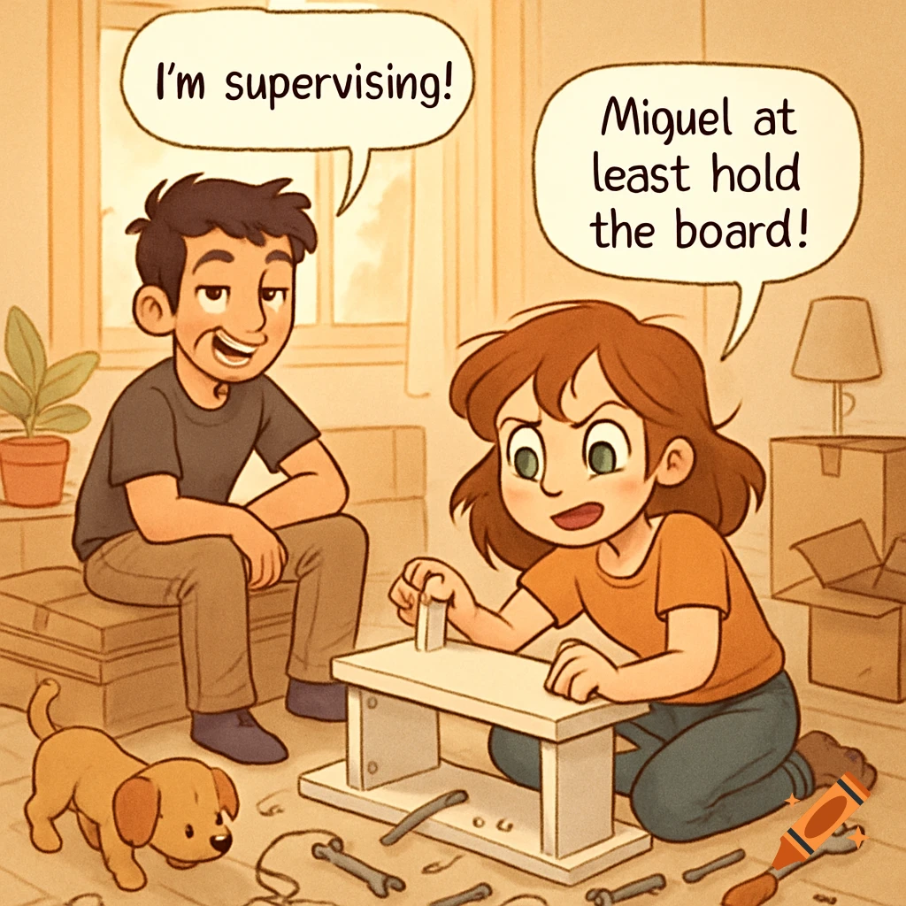 A cartoon couple assembles furniture. A woman kneels, working on a white table, while a man sits, supervising. A small dog watches.