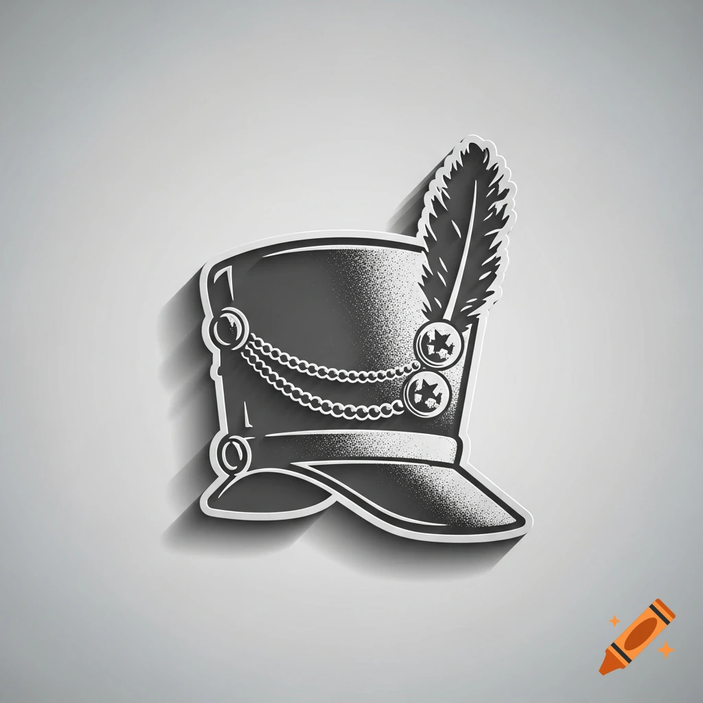 A grayscale illustration of a military shako hat with a large feather, decorative chains, and star insignias, rendered in a stencil style with a drop shadow on a light gray background.