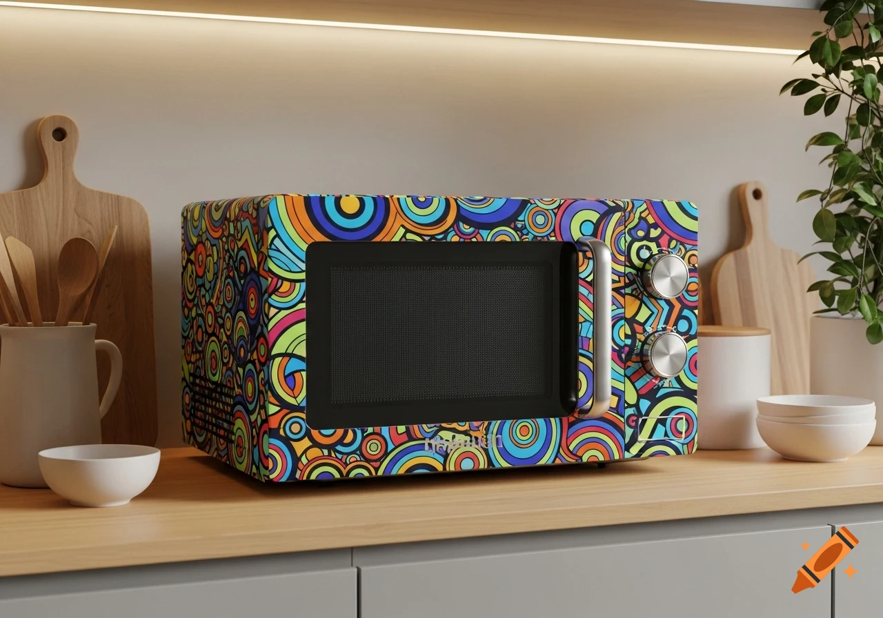 Photorealistic colorful patterned microwave on a wooden kitchen counter with utensils and plants.