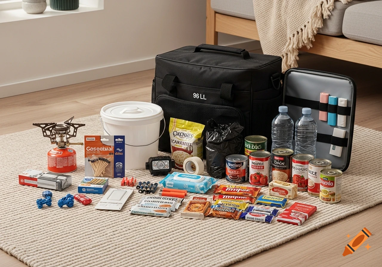 A home emergency supply kit laid out on a rug, including a camping stove, white bucket, canned goods, water bottles, and a black bag.
