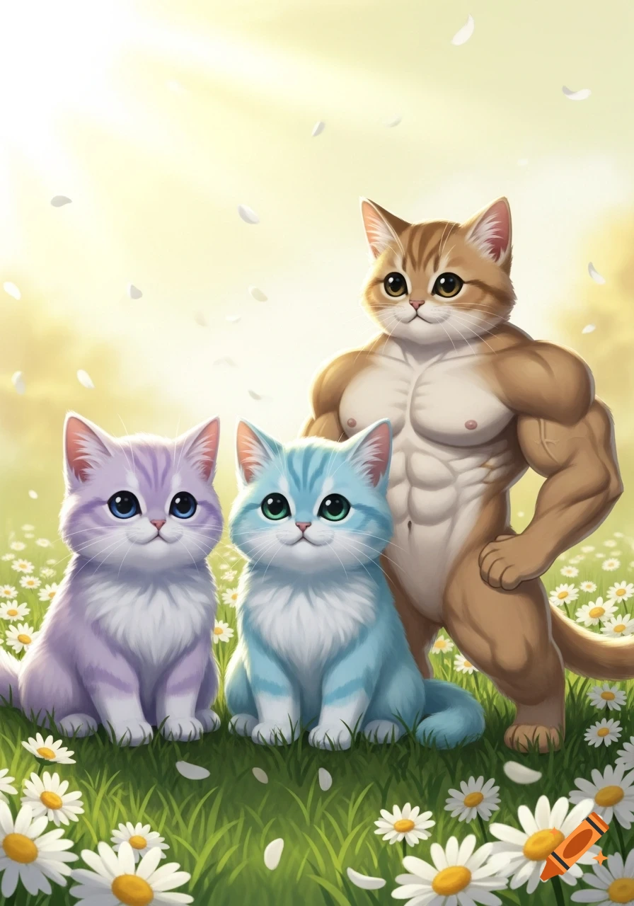 Two cute kittens, one purple and one blue, sit in a field of daisies next to a muscular, brown, anthropomorphic cat.