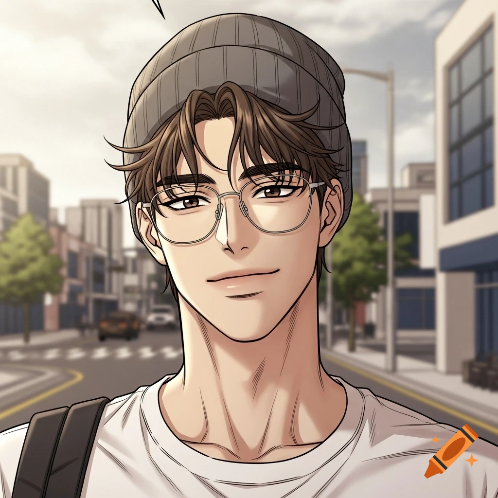 A handsome young man with brown hair, wearing a grey beanie and glasses, smiles softly in a manhwa art style with a blurred city background.
