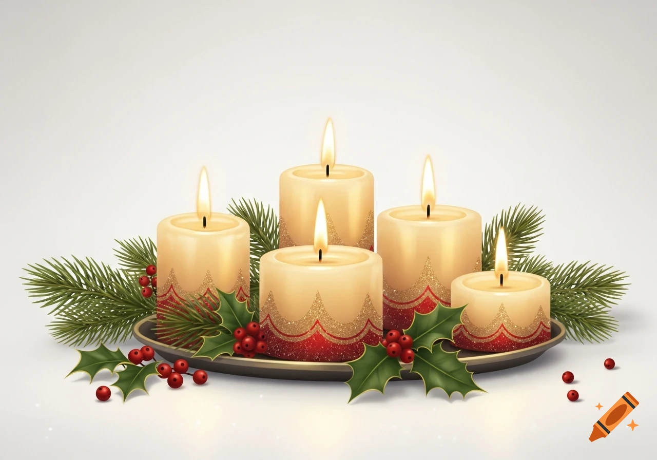 Five lit Advent candles decorated with red and gold patterns, surrounded by holly and berries on a dark tray against a white background.