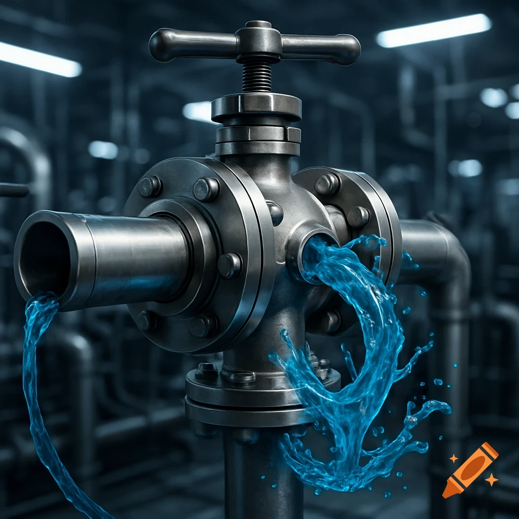 Photorealistic close-up of a silver industrial valve with vibrant blue water flowing from its pipes in a dark factory.