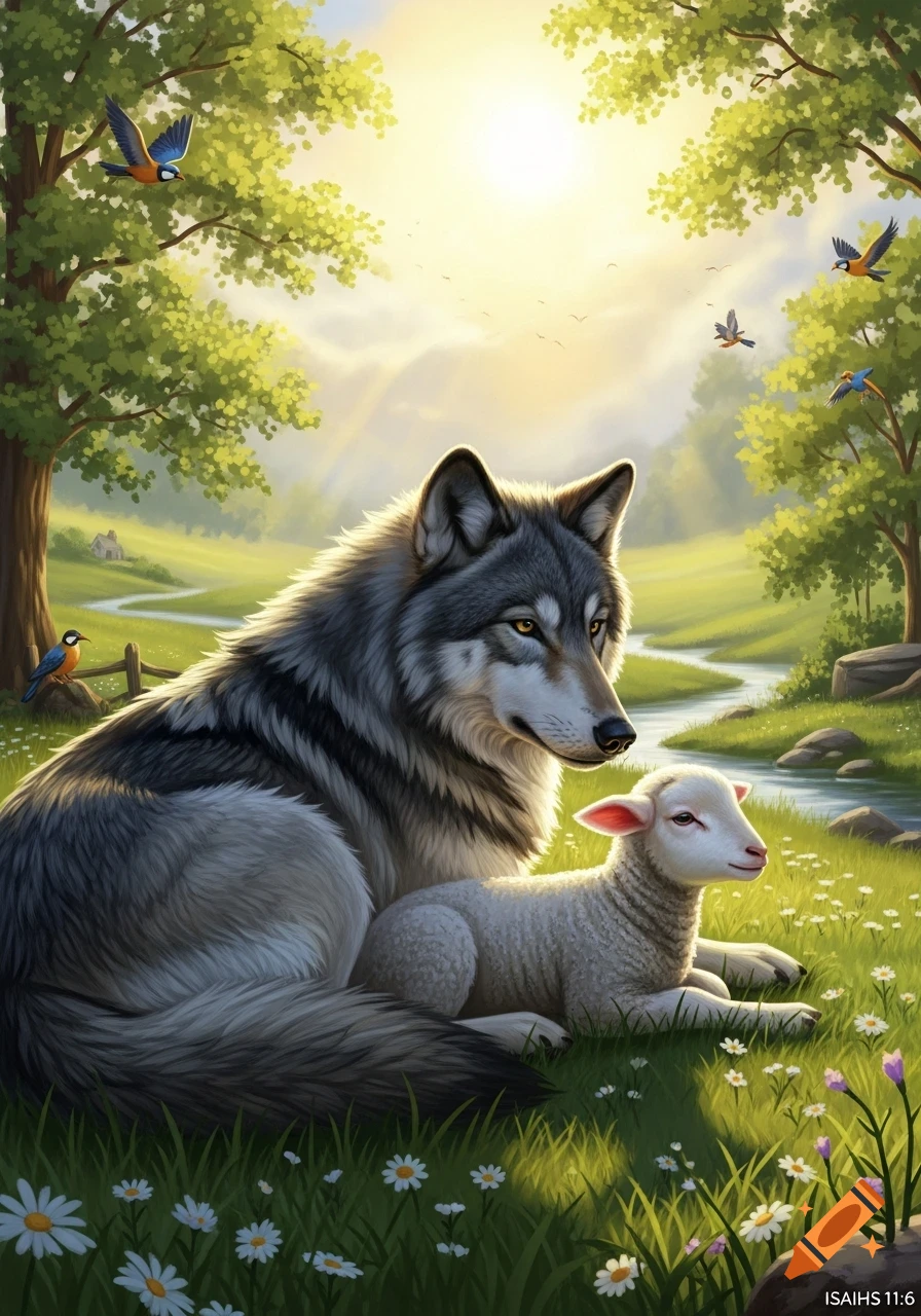 A large grey wolf and a small white lamb rest peacefully in a sunlit, green meadow with trees, a stream, and wildflowers.