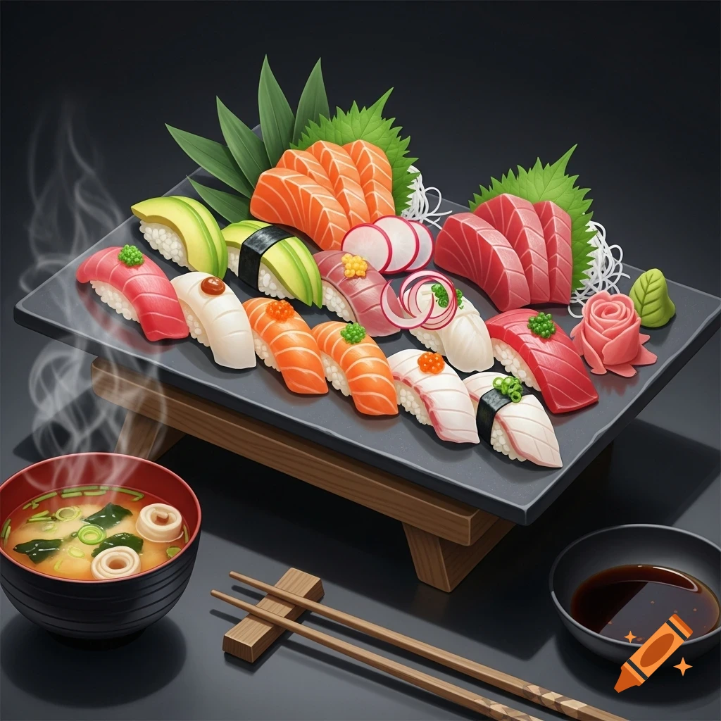 A stylized sushi and sashimi platter, miso soup, chopsticks, and soy sauce on a dark background.