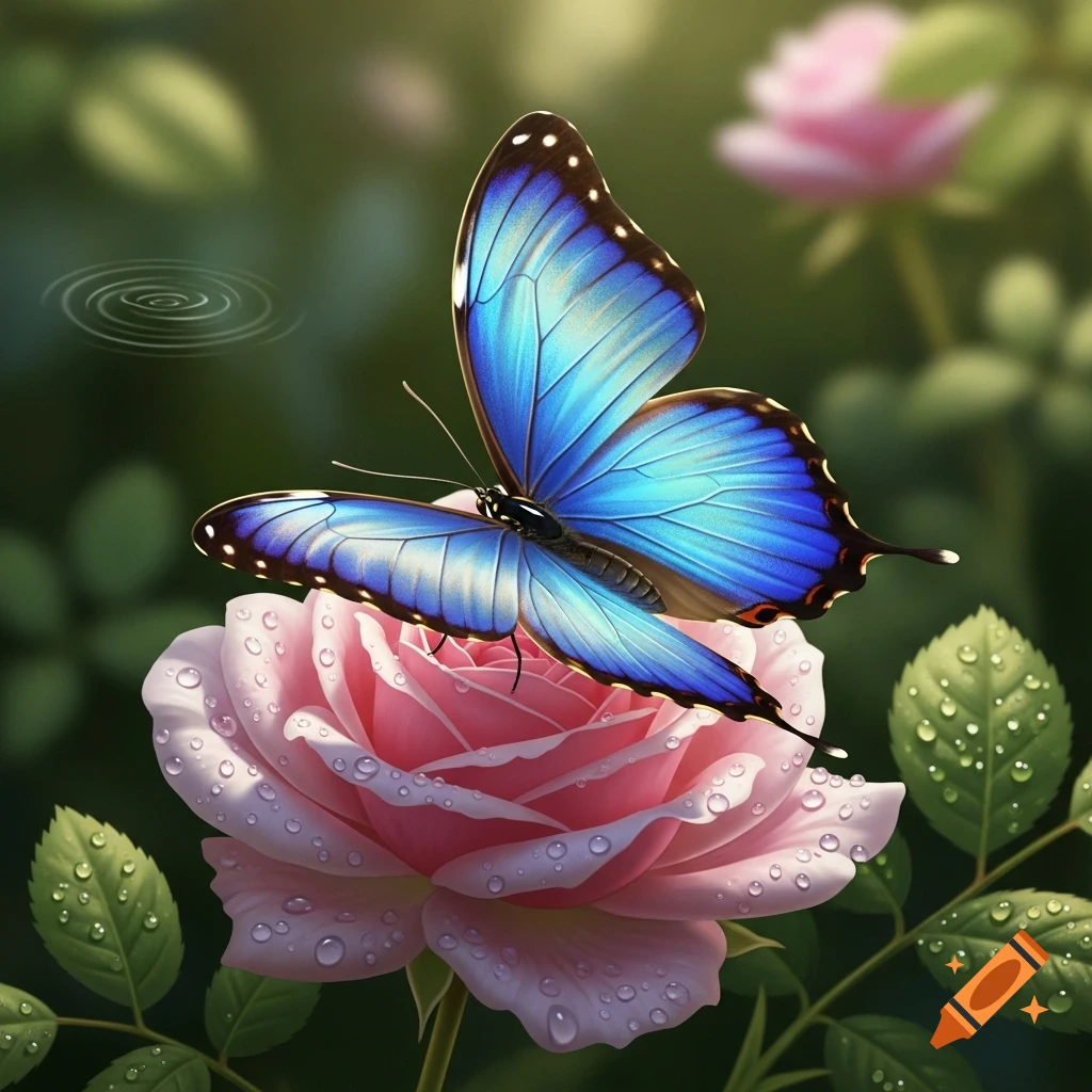 A vibrant blue butterfly with black and white spots rests on a pink rose covered in water droplets, in a lush garden.