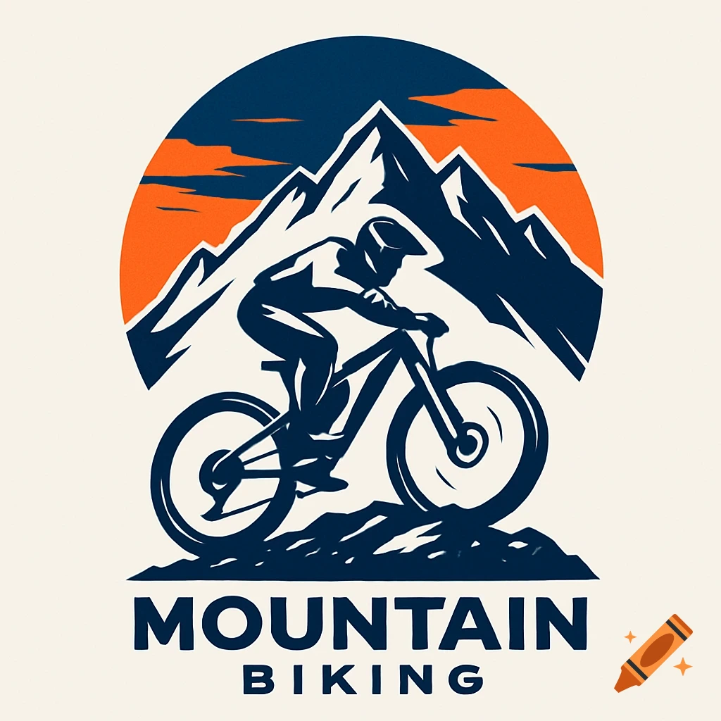 Mountain biking sport logo with a cyclist silhouetted against mountains and an orange sun.