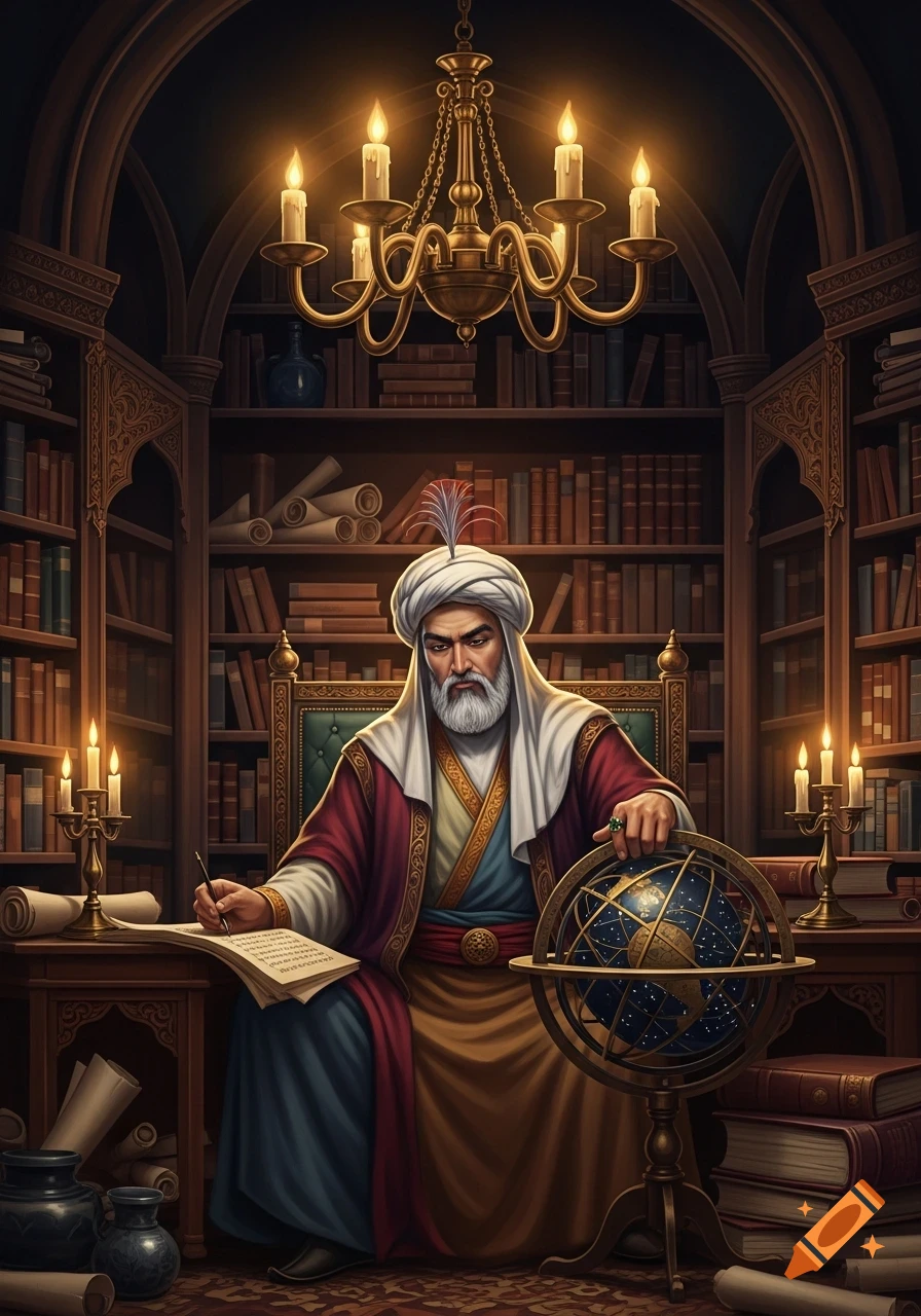 A wise, bearded old scholar in a turban and robes sits at a candlelit desk in a grand library, writing and holding a celestial globe.