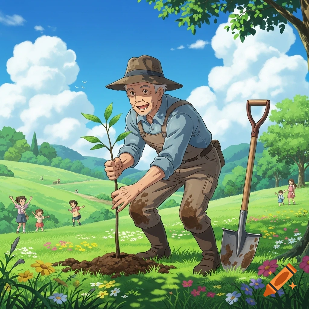 An energetic elderly man plants a sapling in a lush green park, surrounded by wildflowers and playing children, in Studio Ghibli anime style.