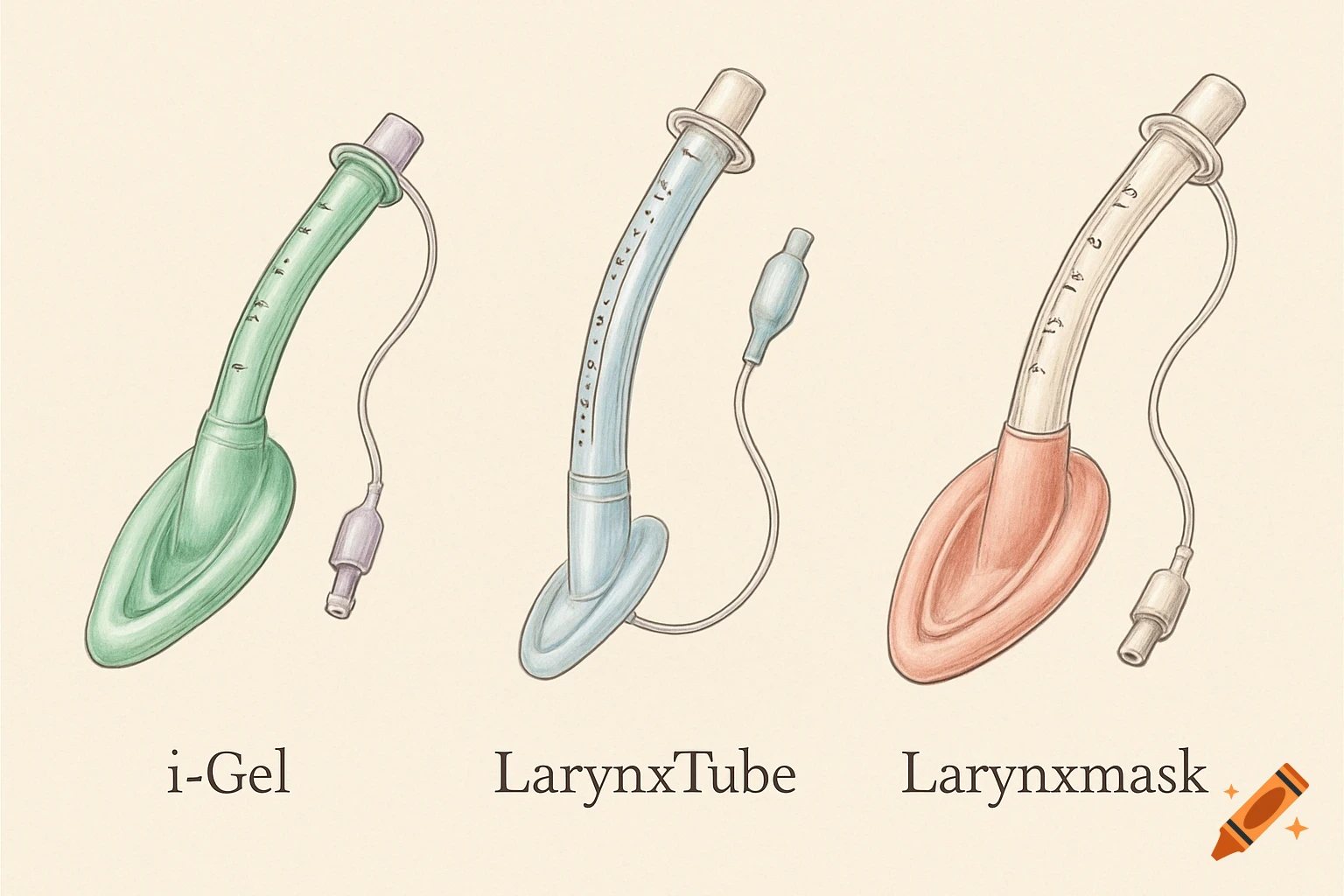 Three colored medical laryngeal mask airways, labeled i-Gel, LarynxTube, and Larynxmask, arranged on a beige background in an illustrative style.
