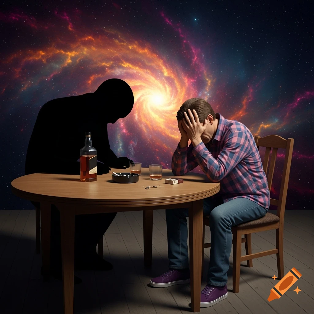 A distressed man sits at a table with a whiskey bottle, cigarettes, and a looming black shadow figure, against a cosmic background.