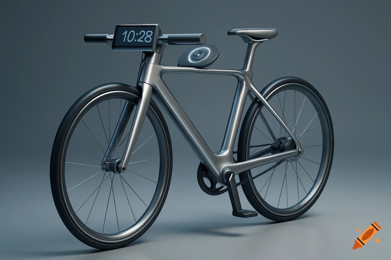 A sleek, silver futuristic bicycle with a digital display showing 10:28 on the handlebars and a wireless charging pad on the frame.