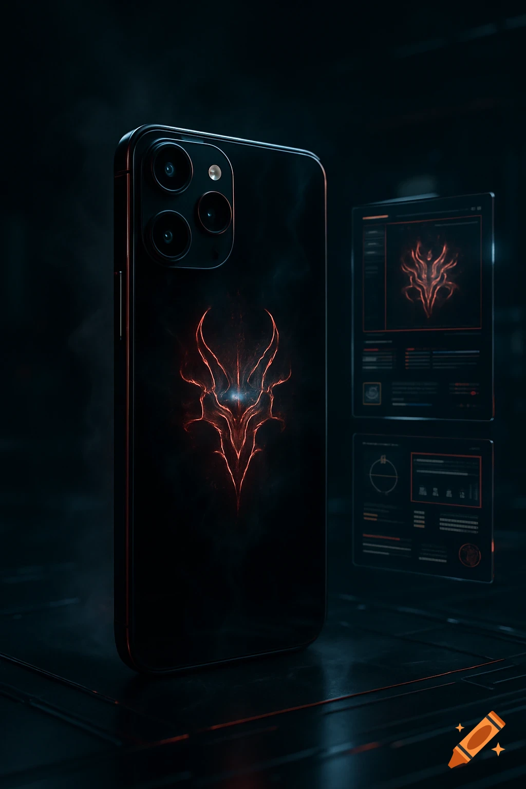 A black smartphone with a glowing red, stylized demon symbol on its back in a dark, futuristic setting.