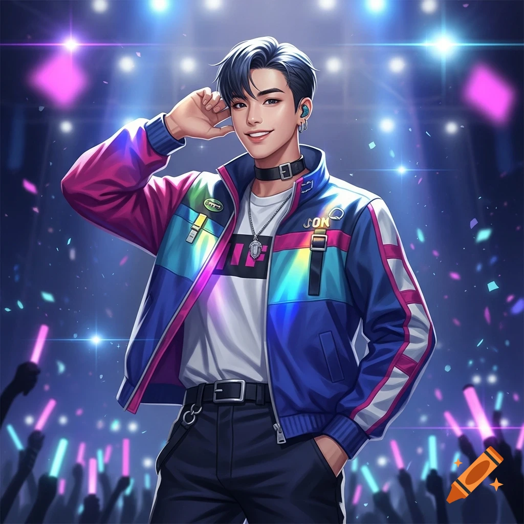 An anime-style K-pop male idol with dark hair smiles on a stage, wearing a colorful jacket, with bright lights and a crowd in the background.