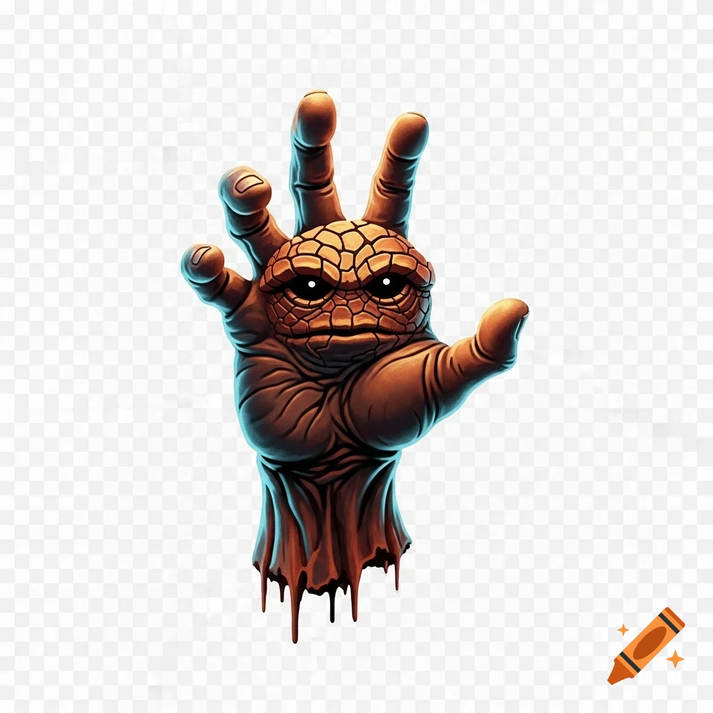 A stylized orange-brown hand creature with a textured face on its palm ...