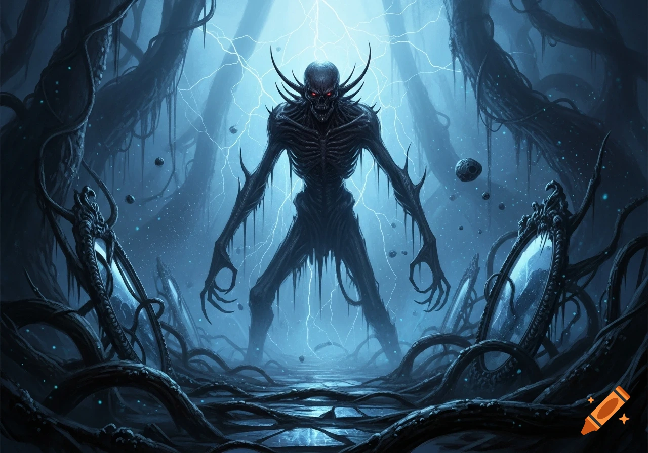 A skeletal, monstrous figure with glowing red eyes stands in a dark ...