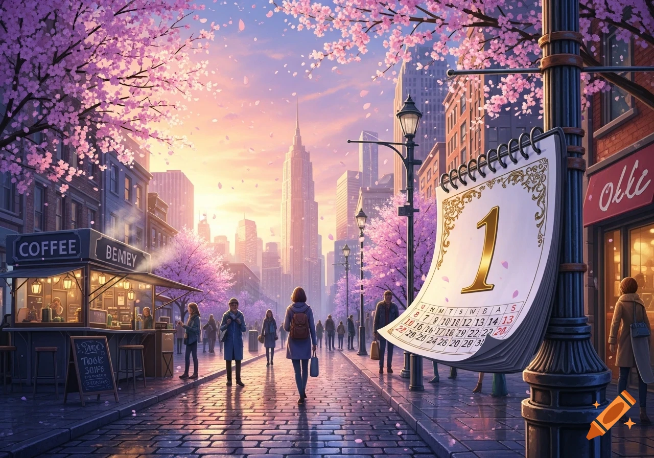 An anime-style cityscape with pink cherry blossom trees, people walking, a coffee stand, and a large calendar showing '1' at sunset.