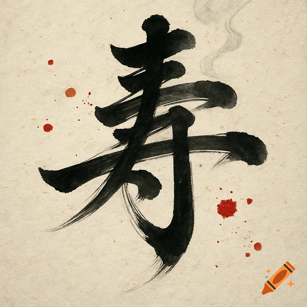 Black Japanese Kanji character '壽' (longevity) with red ink splatters and subtle smoke wisps on textured, aged paper.