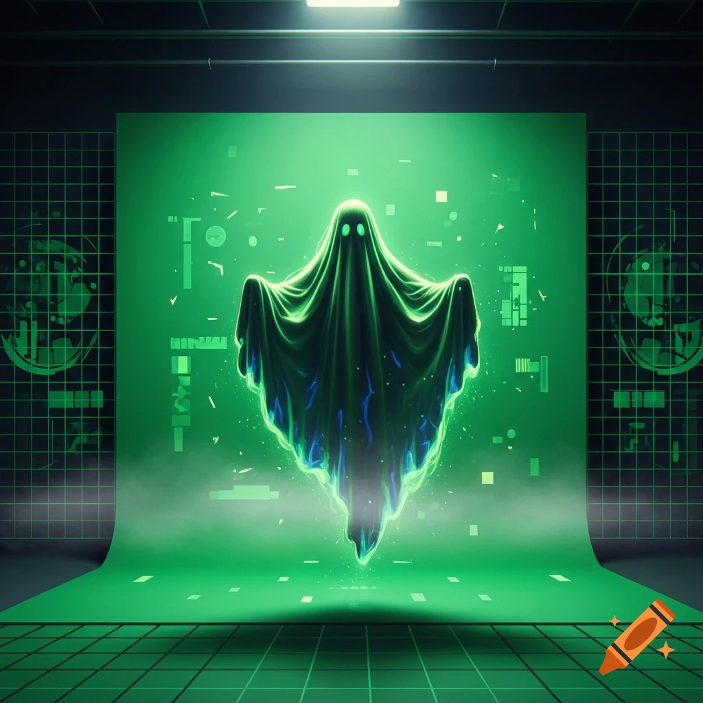 A glowing green and blue ethereal ghost floats in front of a green screen studio backdrop with abstract digital patterns.