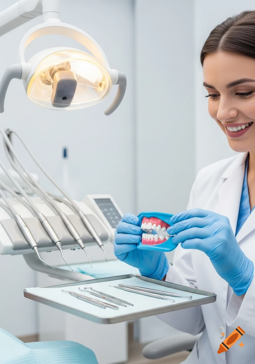 A smiling female dentist in a white coat and blue gloves holds a dental model, next to dental instruments.