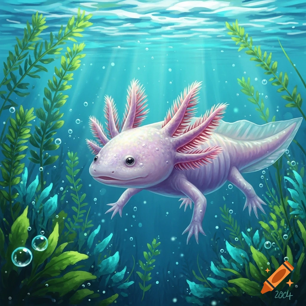 An illustrated pink axolotl swims underwater amidst green plants and bubbles, with light rays from above.
