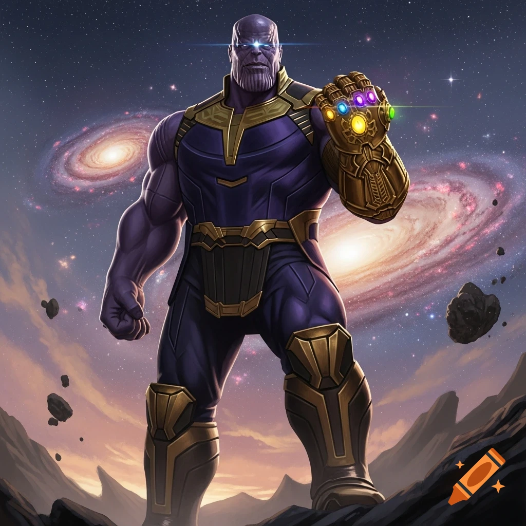 Thanos, in purple and gold armor with the Infinity Gauntlet, stands on an alien planet under a starry galaxy sky, comic art style.