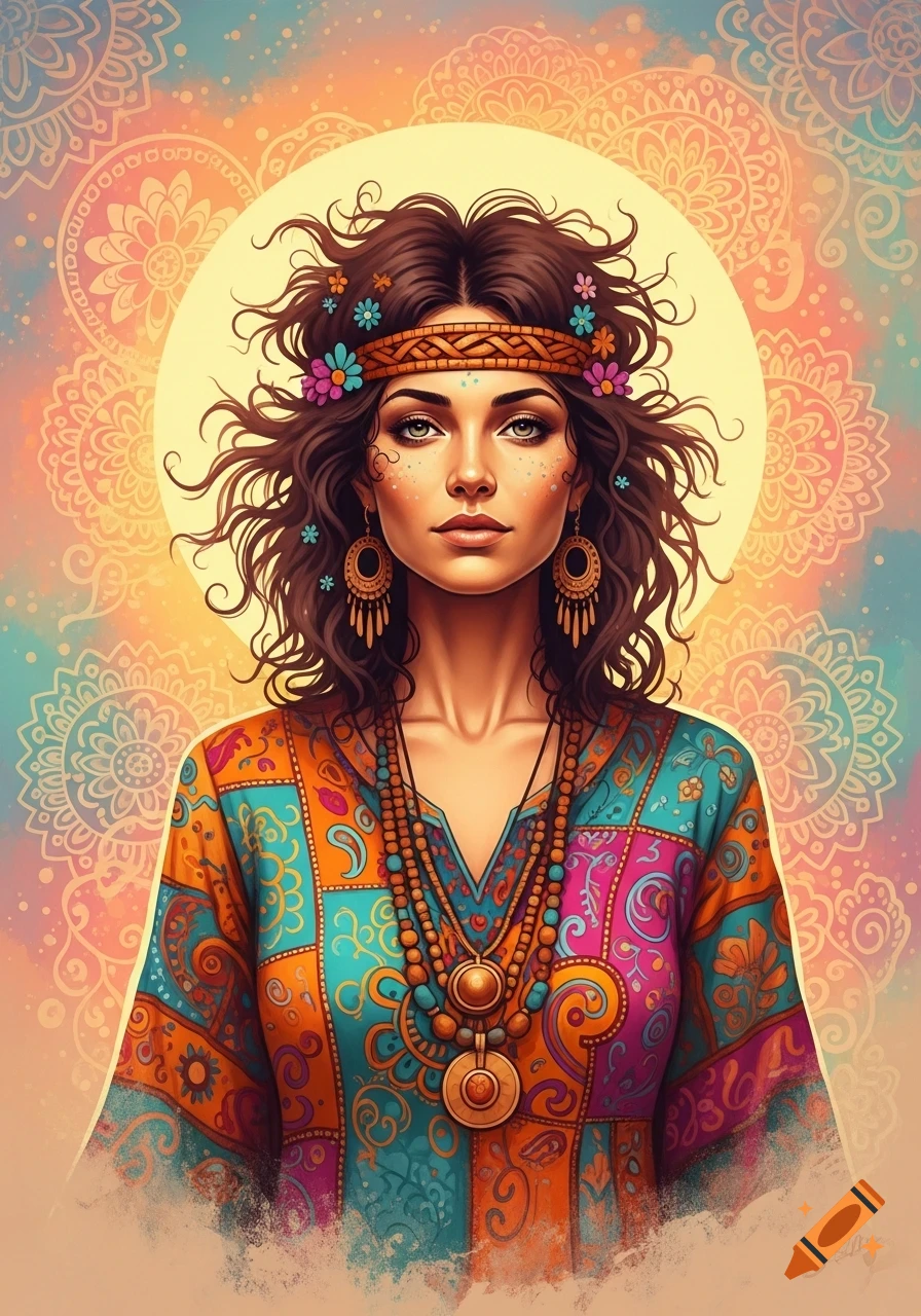 Vibrant artistic portrait of a hippie woman with curly hair, a floral headband, and a colorful patterned tunic, against a mandala background.