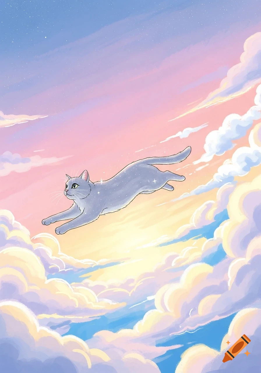 A gray cat with sparkling fur flies through a bright, pastel-colored sky filled with fluffy clouds.
