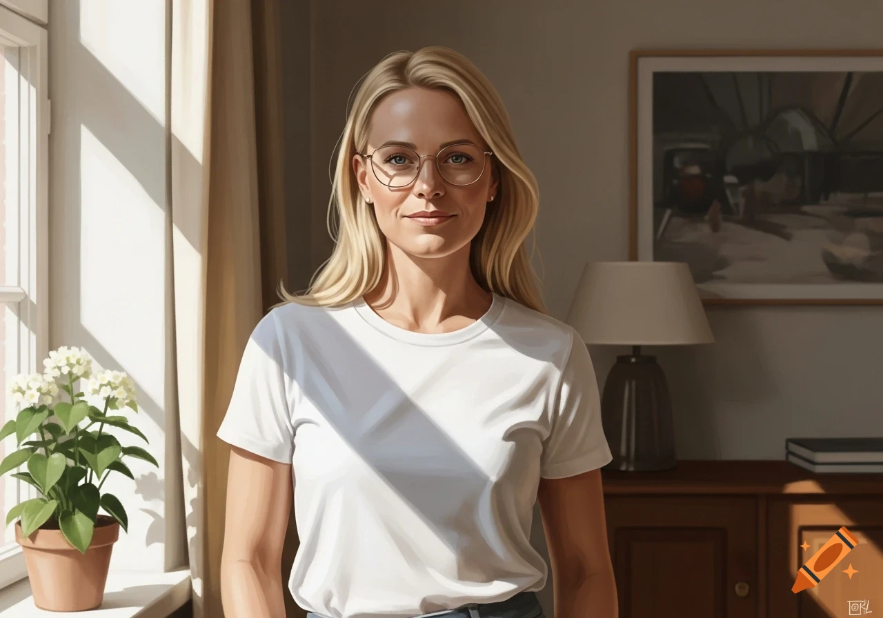 A photorealistic portrait of a blonde woman wearing glasses and a white t-shirt, standing indoors by a sunlit window.