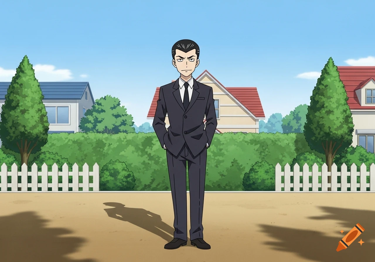 An anime-style man with dark hair and a serious expression, wearing a dark suit, stands in a suburban neighborhood.