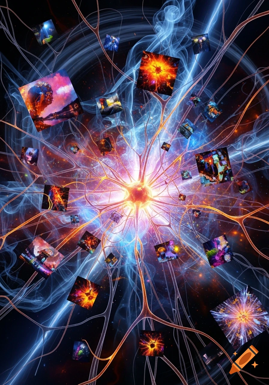 Abstract image of a glowing neural network with branching tendrils, surrounded by many floating, diverse square images against a dark, swirling blue energy background.