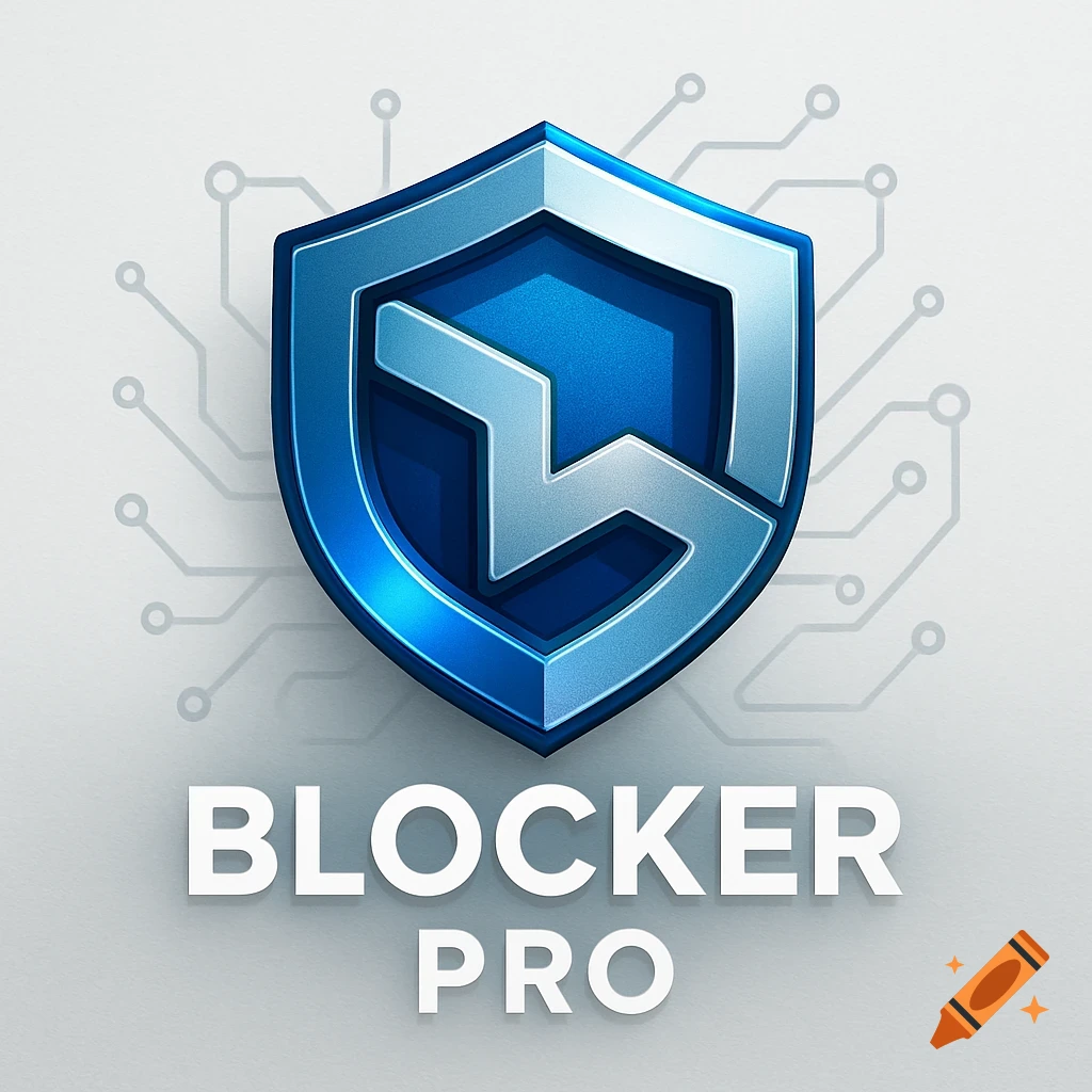 A glossy blue and silver shield logo with a stylized icon, above the text "BLOCKER PRO", on a light background with a subtle circuit pattern.