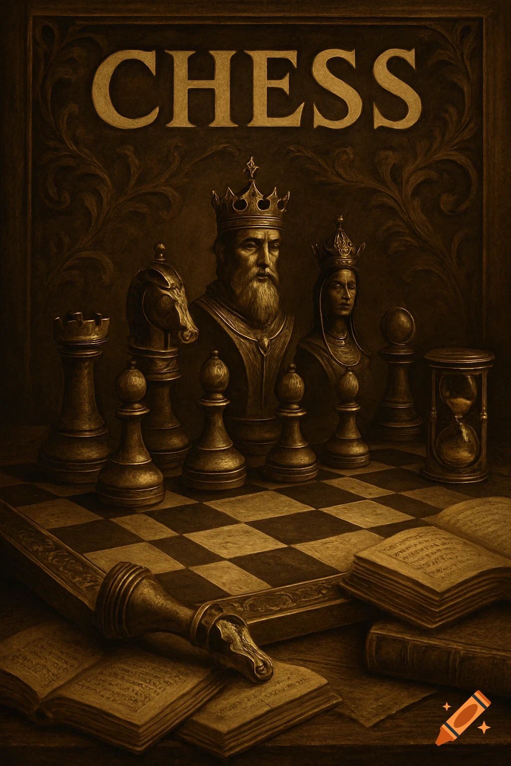 A sepia-toned chess poster featuring a chessboard, chess pieces, busts of a king and queen, and open books, with the word "CHESS" at the top.