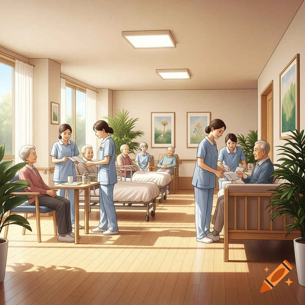 Nurses assist elderly patients in a brightly lit nursing home room with beds and chairs, in an illustrative style.