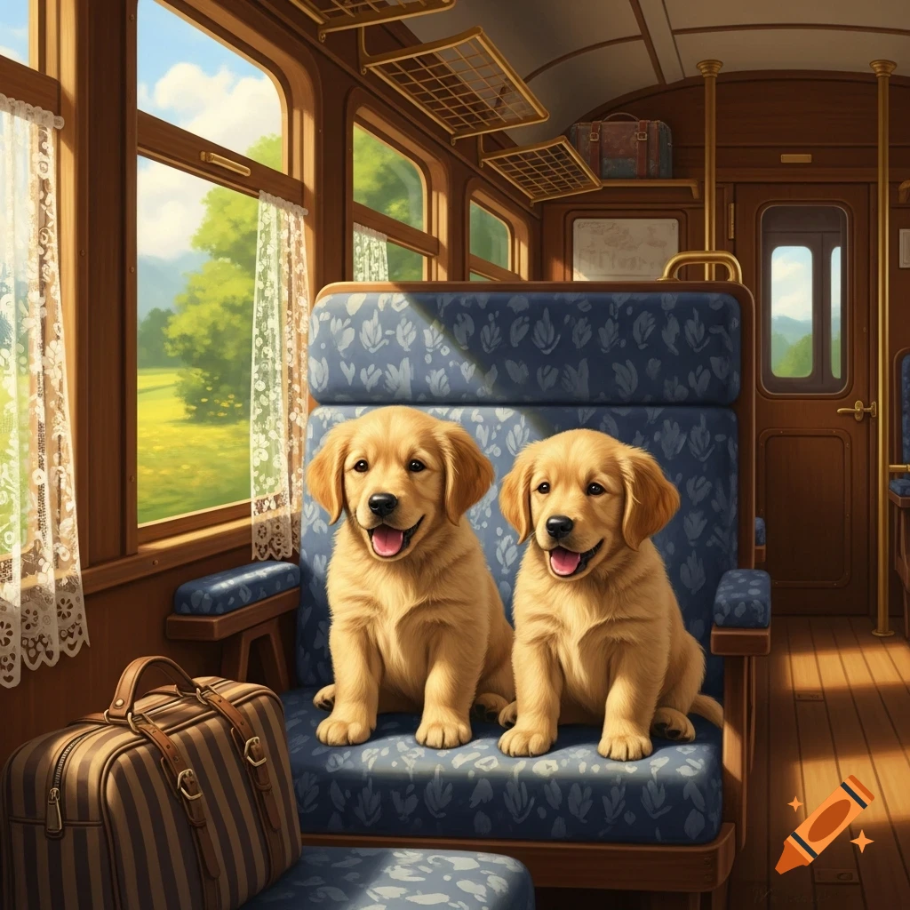 Two golden retriever puppies sit on a blue seat in a vintage train car, looking out at a green landscape, with a striped suitcase.