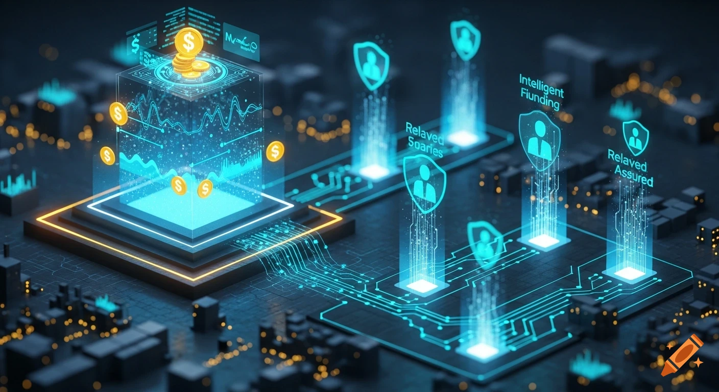 A futuristic digital infrastructure with glowing circuits, financial data, gold coins, and holographic security shields.