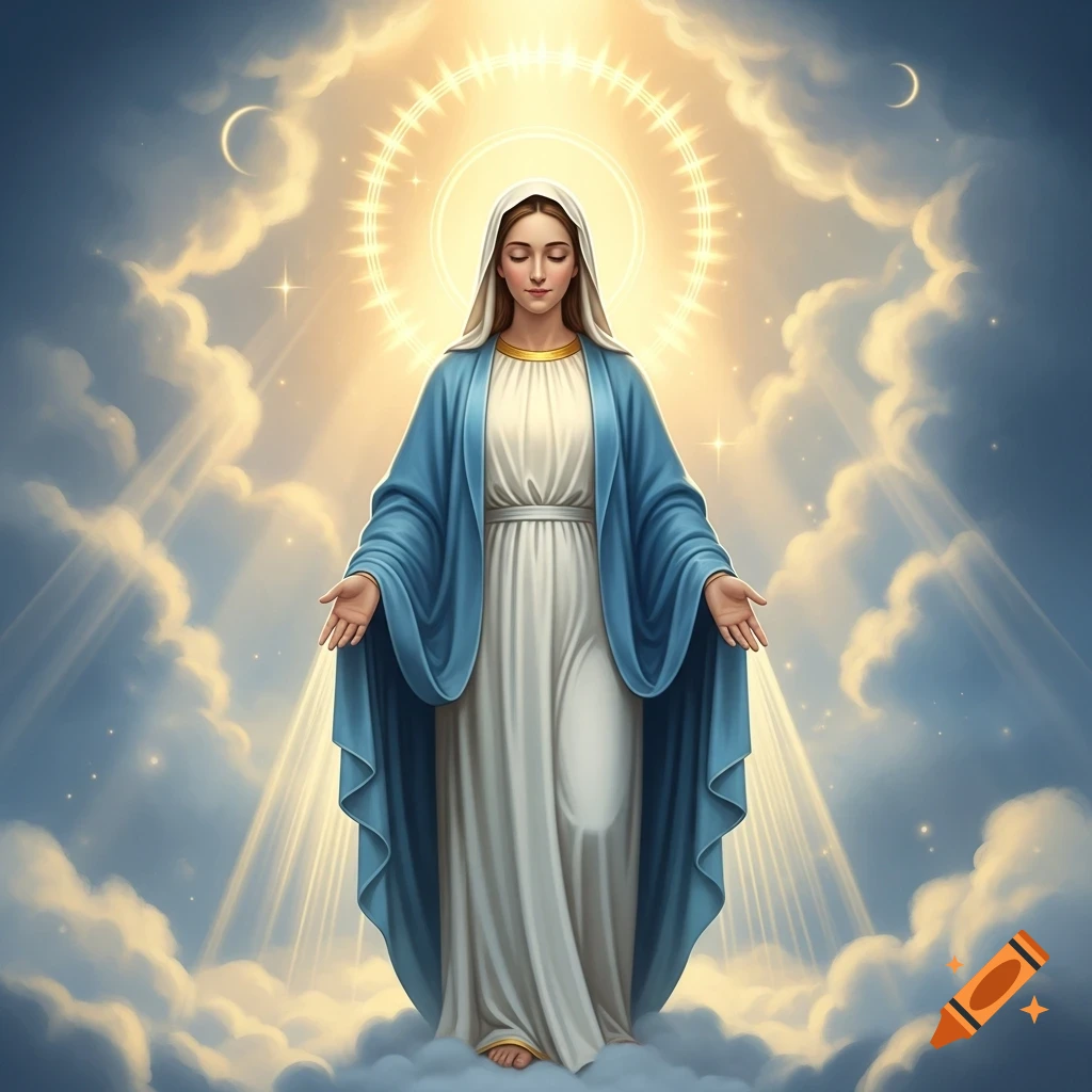 The Virgin Mary, dressed in white and blue robes, stands with arms outstretched amidst glowing clouds and emanating light rays.