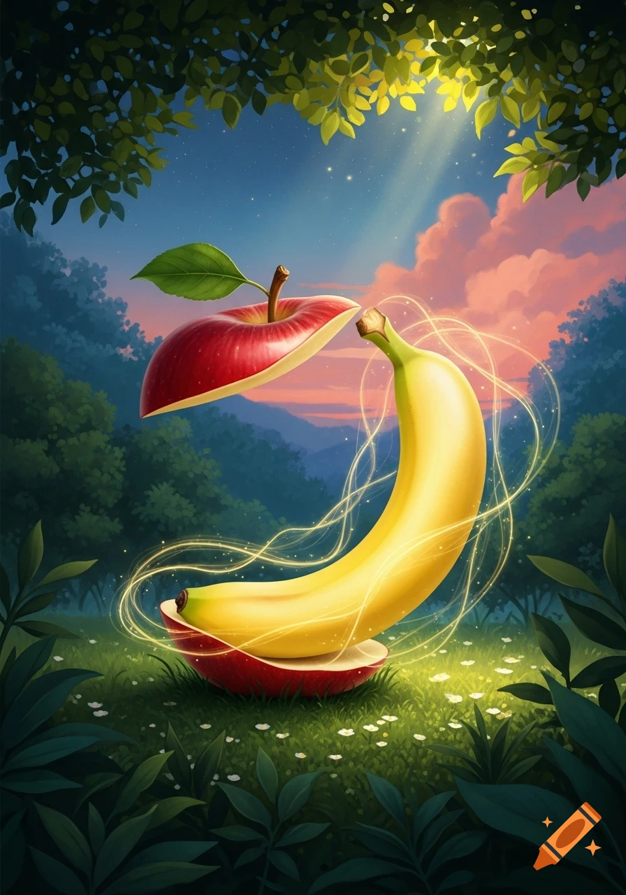 A sliced red apple with a glowing yellow banana curving within it, set in a lush forest under a sunset sky.