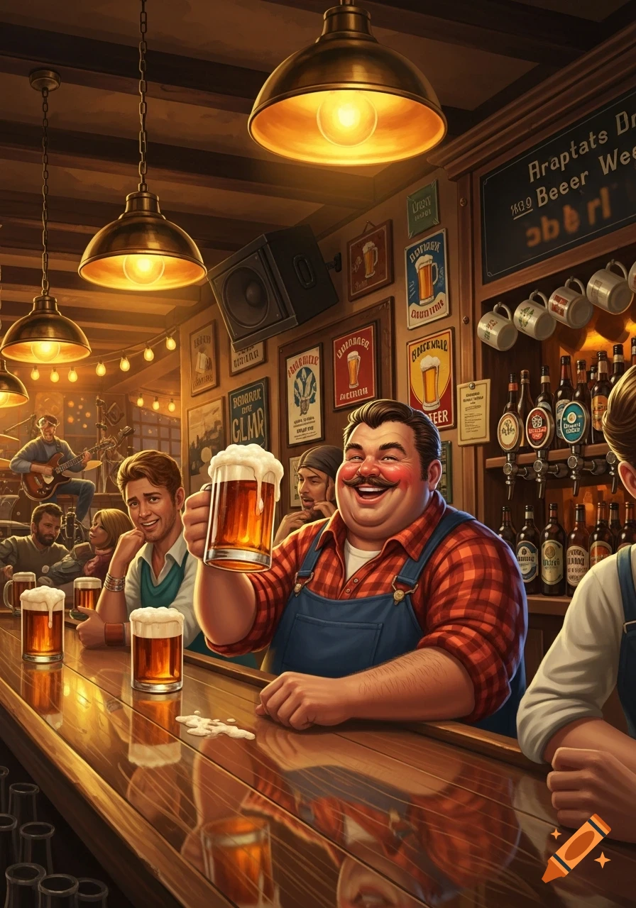 A jovial, plump man in a plaid shirt and overalls holds up a foamy mug of beer in a bustling, warmly lit bar. Other patrons and beer signs are in the background.