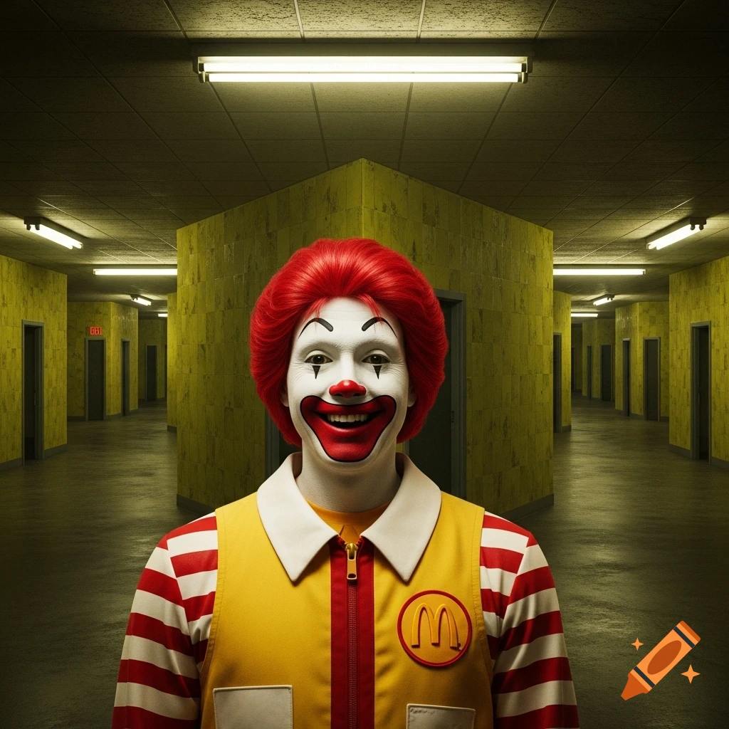 Photorealistic image of a creepy Ronald McDonald smiling in an eerie, yellow-walled Backrooms hallway with fluorescent lights.