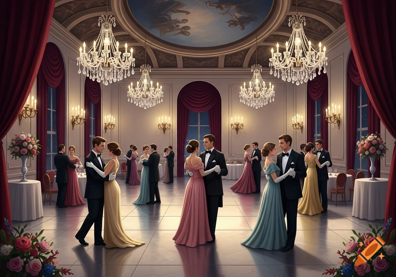 Elegant couples dance in a grand ballroom with ornate chandeliers and red drapes, portraying a formal evening event.