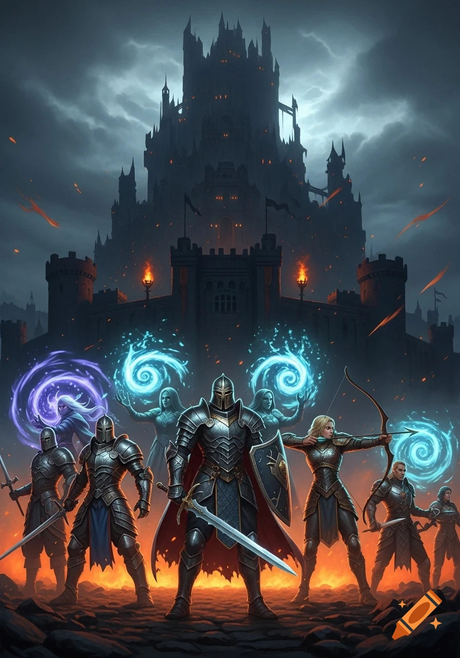 A group of armored heroes, including knights, mages, and an archer, stand ready before a towering, dark fantasy castle under a stormy sky.