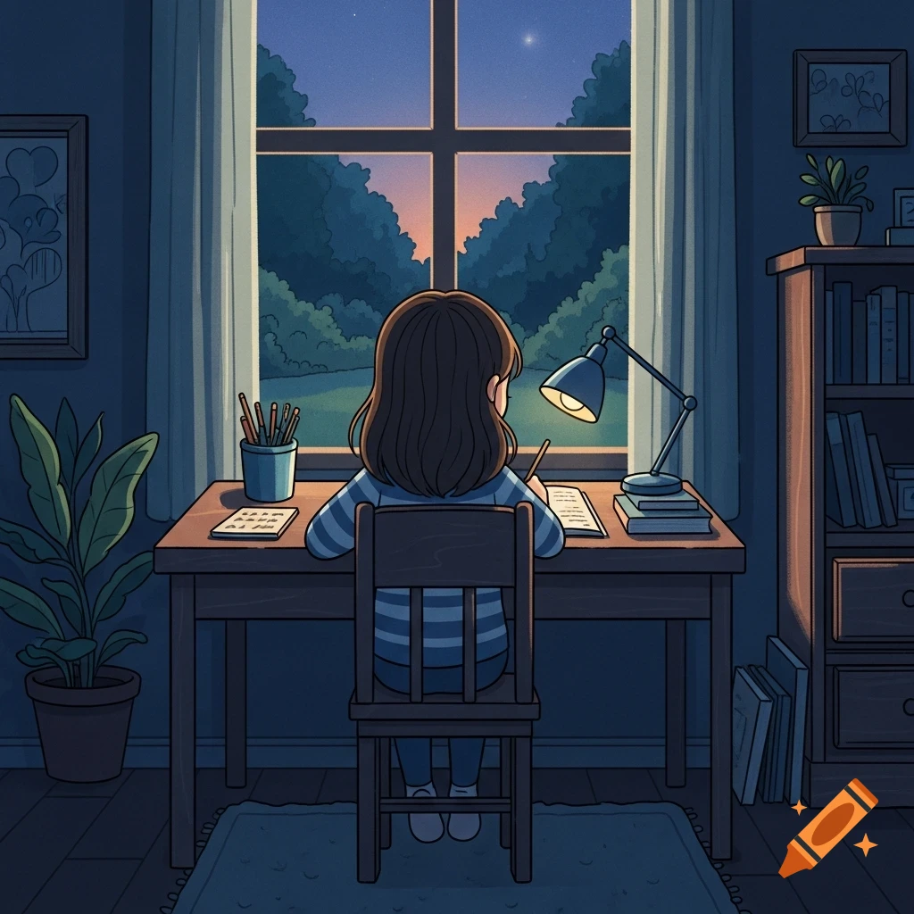 Cartoon drawing of a girl with her back to the viewer, sitting at a desk doing homework by lamplight, looking out a window at a dark garden at dusk.