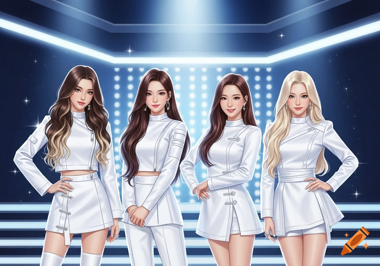 Four anime-style K-pop idol women in white futuristic outfits pose on a stage with blue neon lights.