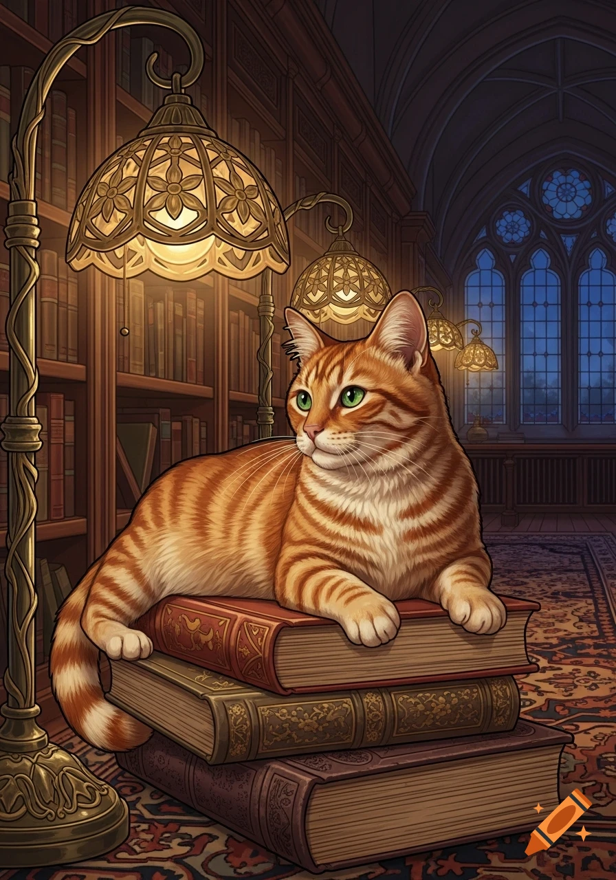 An orange tabby cat with green eyes rests on a stack of books in a warmly lit, art nouveau style library with tall windows.