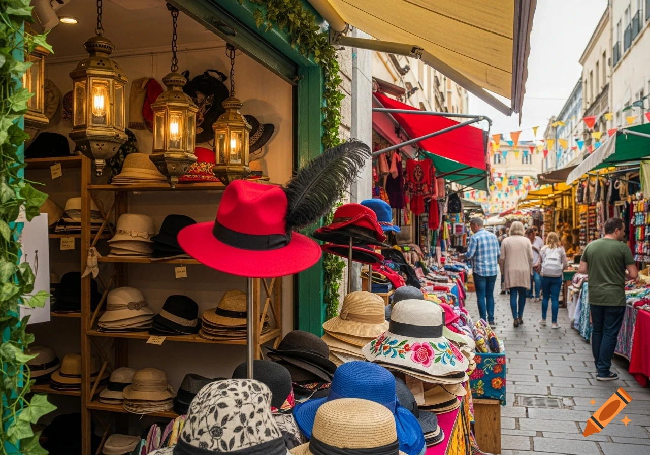 A vibrant market stall displays various hats, including a prominent red fedora with a feather, with people walking down a bustling street in the background.