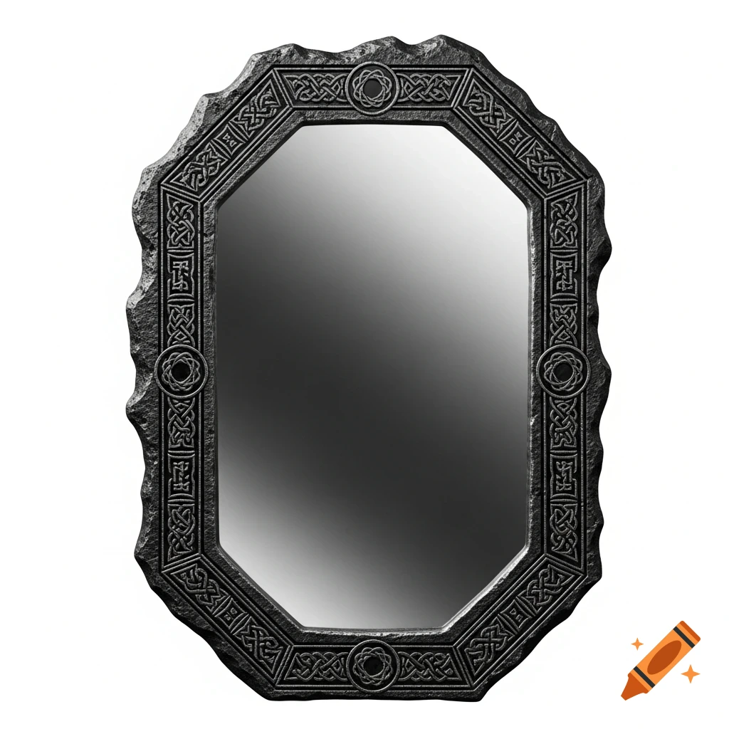 An ancient magical mirror with an irregular octagonal frame carved from dark, rocky material featuring intricate geometric knot patterns, on a white background.