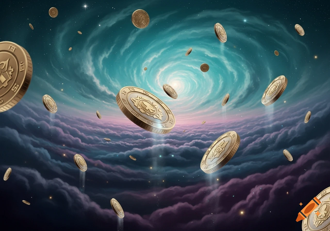 Golden coins with decorative symbols float through a cosmic sky featuring a swirling turquoise nebula and purple clouds.