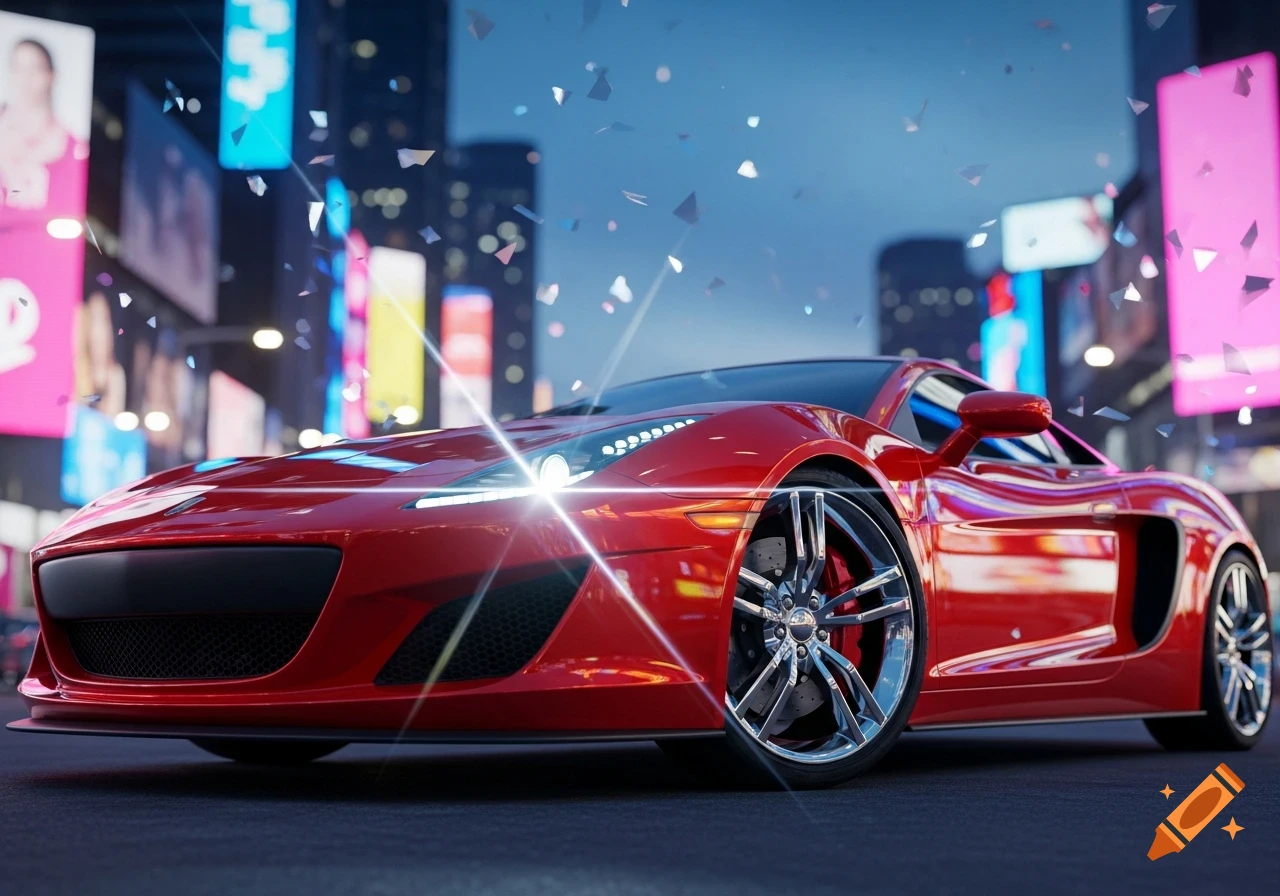 A gleaming red sports car on a city street at night, with bright billboards and falling confetti.